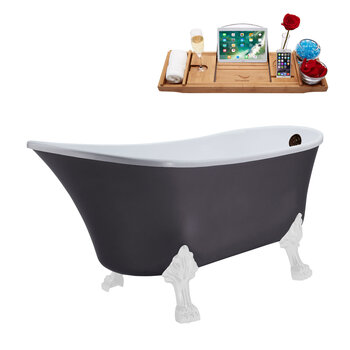 Streamline N351 63'' Vintage Oval Soaking Clawfoot Tub, Grey Exterior, White Interior, White Clawfoot, Oil Rubbed Bronze External Drain, w/ Bamboo Tray