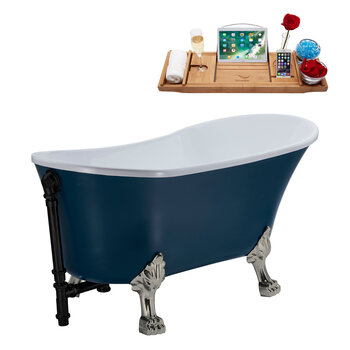 Streamline N352 63'' Vintage Oval Soaking Clawfoot Bathtub, Light Blue Exterior, White Interior, Nickel Clawfoot, Black External Drain, w/ Tray