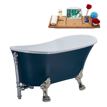 Streamline N352 63'' Vintage Oval Soaking Clawfoot Bathtub, Light Blue Exterior, White Interior, Nickel Clawfoot, Chrome External Drain, w/ Tray