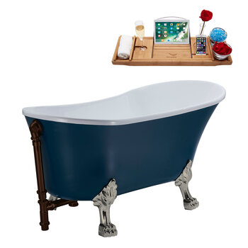 Streamline N352 63'' Vintage Oval Soaking Clawfoot Tub, Light Blue Exterior, White Interior, Nickel Clawfoot, Oil Rubbed Bronze External Drain, w/ Tray