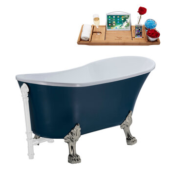 Streamline N352 63'' Vintage Oval Soaking Clawfoot Bathtub, Light Blue Exterior, White Interior, Nickel Clawfoot, White External Drain, w/ Tray