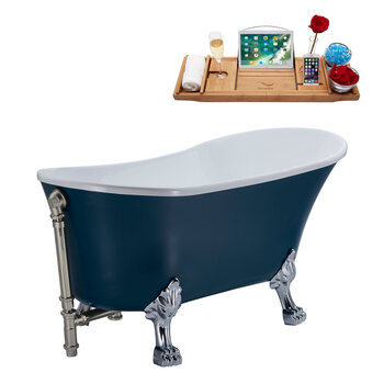 Streamline N352 63'' Vintage Oval Soaking Clawfoot Bathtub, Light Blue Exterior, White Interior, Chrome Clawfoot, Nickel External Drain, w/ Tray