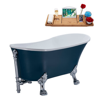 Streamline N352 63'' Vintage Oval Soaking Clawfoot Bathtub, Light Blue Exterior, White Interior, Chrome Clawfoot, Chrome External Drain, w/ Tray