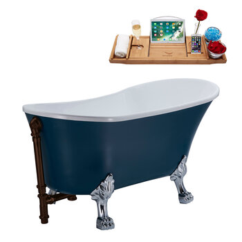 Streamline N352 63'' Vintage Oval Soaking Clawfoot Tub, Light Blue Exterior, White Interior, Chrome Clawfoot, Oil Rubbed Bronze External Drain, w/ Tray