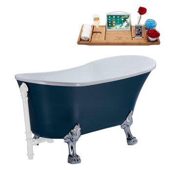 Streamline N352 63'' Vintage Oval Soaking Clawfoot Bathtub, Light Blue Exterior, White Interior, Chrome Clawfoot, White External Drain, w/ Tray