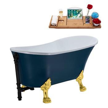 Streamline N352 63'' Vintage Oval Soaking Clawfoot Bathtub, Light Blue Exterior, White Interior, Gold Clawfoot, Black External Drain, w/ Tray