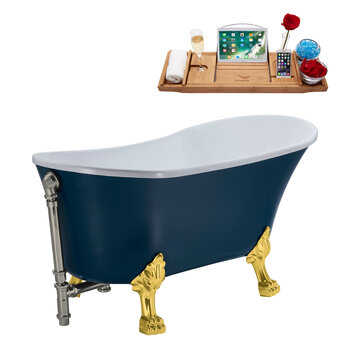 Streamline N352 63'' Vintage Oval Soaking Clawfoot Bathtub, Light Blue Exterior, White Interior, Gold Clawfoot, Nickel External Drain, w/ Tray