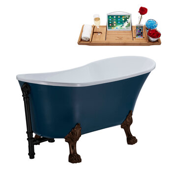 Streamline N352 63'' Vintage Oval Soaking Clawfoot Tub, Light Blue Exterior, White Interior, Oil Rubbed Bronze Clawfoot, Black External Drain, w/ Tray