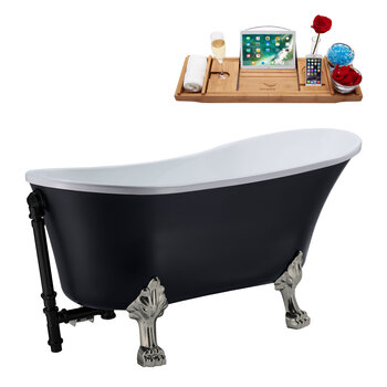 Streamline N353 63'' Vintage Oval Soaking Clawfoot Bathtub, Black Exterior, White Interior, Nickel Clawfoot, Black External Drain, w/ Tray