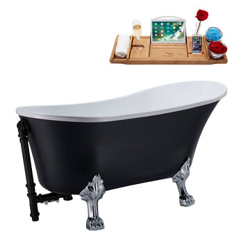 Streamline N353 63'' Vintage Oval Soaking Clawfoot Bathtub, Black Exterior, White Interior, Chrome Clawfoot, Black External Drain, w/ Tray