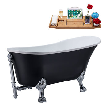 Streamline N353 63'' Vintage Oval Soaking Clawfoot Bathtub, Black Exterior, White Interior, Chrome Clawfoot, Chrome External Drain, w/ Tray