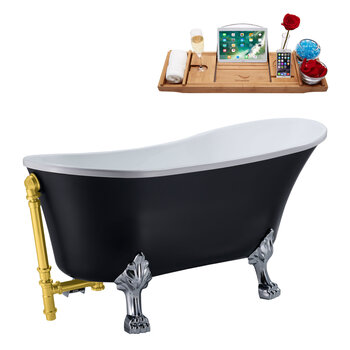Streamline N353 63'' Vintage Oval Soaking Clawfoot Bathtub, Black Exterior, White Interior, Chrome Clawfoot, Gold External Drain, w/ Tray