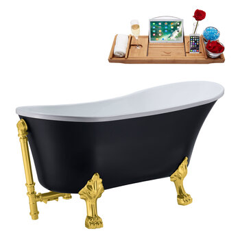 Streamline N353 63'' Vintage Oval Soaking Clawfoot Bathtub, Black Exterior, White Interior, Gold Clawfoot, Gold Internal External Drain, w/ Tray