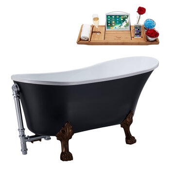 Streamline N353 63'' Vintage Oval Soaking Clawfoot Tub, Black Exterior, White Interior, Oil Rubbed Bronze Clawfoot, Chrome External Drain, w/ Tray