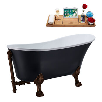 Streamline N353 63'' Vintage Oval Soaking Clawfoot Tub, Black Exterior, White Interior, Oil Rubbed Bronze Clawfoot, ORB External Drain, w/ Bamboo Tray