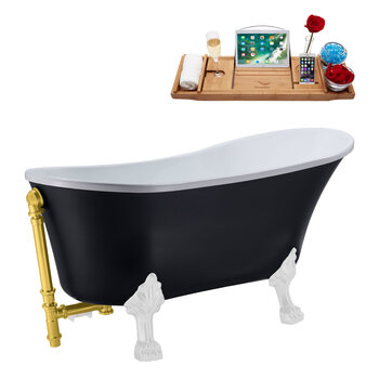 Streamline N353 63'' Vintage Oval Soaking Clawfoot Bathtub, Black Exterior, White Interior, White Clawfoot, Gold External Drain, w/ Tray