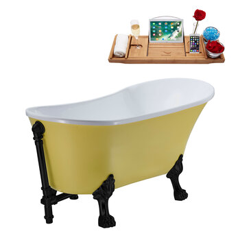 Streamline N354 55'' Vintage Oval Soaking Clawfoot Bathtub, Yellow Exterior, White Interior, Black Clawfoot, Black External Drain, w/ Tray