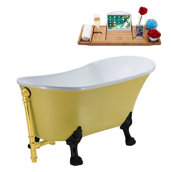 Streamline N354 55'' Vintage Oval Soaking Clawfoot Bathtub, Yellow Exterior, White Interior, Black Clawfoot, Gold External Drain, w/ Tray