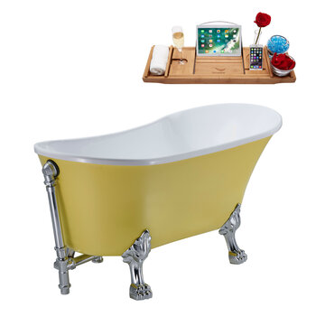 Streamline N354 55'' Vintage Oval Soaking Clawfoot Bathtub, Yellow Exterior, White Interior, Chrome Clawfoot, Chrome External Drain, w/ Tray