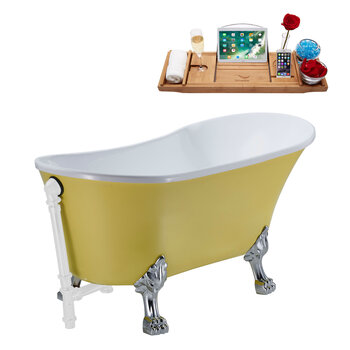 Streamline N354 55'' Vintage Oval Soaking Clawfoot Bathtub, Yellow Exterior, White Interior, Chrome Clawfoot, White External Drain, w/ Tray