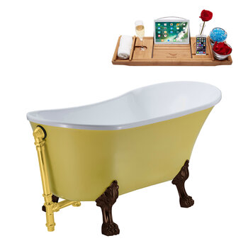 Streamline N354 55'' Vintage Oval Soaking Clawfoot Tub, Yellow Exterior, White Interior, Oil Rubbed Bronze Clawfoot, Gold External Drain, w/ Tray
