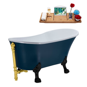 Streamline N356 55'' Vintage Oval Soaking Clawfoot Bathtub, Light Blue Exterior, White Interior, Black Clawfoot, Gold External Drain, w/ Tray