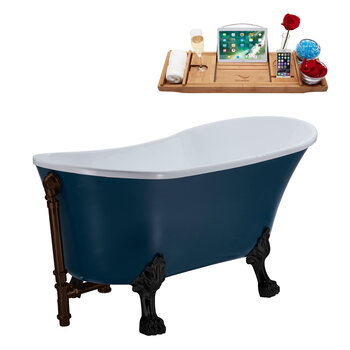Streamline N356 55'' Vintage Oval Soaking Clawfoot Tub, Light Blue Exterior, White Interior, Black Clawfoot, Oil Rubbed Bronze External Drain, w/ Tray