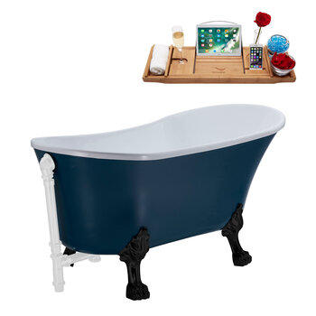Streamline N356 55'' Vintage Oval Soaking Clawfoot Bathtub, Light Blue Exterior, White Interior, Black Clawfoot, White External Drain, w/ Tray