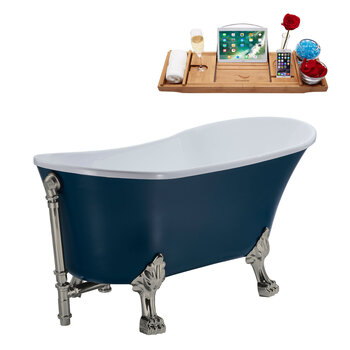 Streamline N356 55'' Vintage Oval Soaking Clawfoot Bathtub, Light Blue Exterior, White Interior, Nickel Clawfoot, Nickel External Drain, w/ Tray