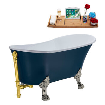 Streamline N356 55'' Vintage Oval Soaking Clawfoot Bathtub, Light Blue Exterior, White Interior, Nickel Clawfoot, Gold External Drain, w/ Tray