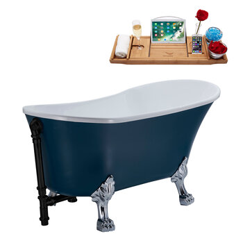 Streamline N356 55'' Vintage Oval Soaking Clawfoot Bathtub, Light Blue Exterior, White Interior, Chrome Clawfoot, Black External Drain, w/ Tray