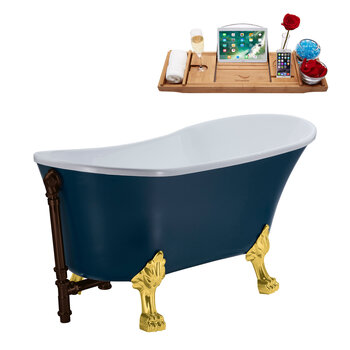 Streamline N356 55'' Vintage Oval Soaking Clawfoot Tub, Light Blue Exterior, White Interior, Gold Clawfoot, Oil Rubbed Bronze External Drain, w/ Tray