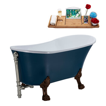 Streamline N356 55'' Vintage Oval Soaking Clawfoot Tub, Light Blue Exterior, White Interior, Oil Rubbed Bronze Clawfoot, Nickel External Drain, w/ Tray
