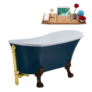 Streamline N356 55'' Vintage Oval Soaking Clawfoot Tub, Light Blue Exterior, White Interior, Oil Rubbed Bronze Clawfoot, Gold External Drain, w/ Tray