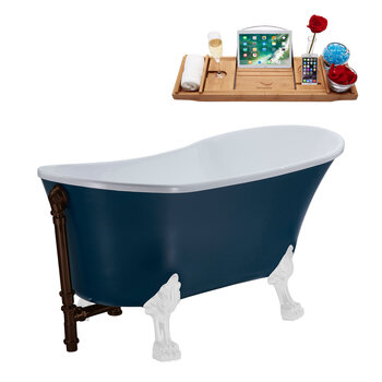 Streamline N356 55'' Vintage Oval Soaking Clawfoot Tub, Light Blue Exterior, White Interior, White Clawfoot, Oil Rubbed Bronze External Drain, w/ Tray
