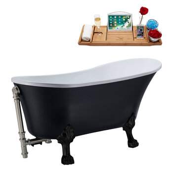 Streamline N357 55'' Vintage Oval Soaking Clawfoot Bathtub, Black Exterior, White Interior, Black Clawfoot, Nickel External Drain, w/ Tray