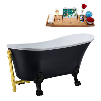 Streamline N357 55'' Vintage Oval Soaking Clawfoot Bathtub, Black Exterior, White Interior, Black Clawfoot, Gold External Drain, w/ Tray