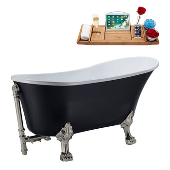 Streamline N357 55'' Vintage Oval Soaking Clawfoot Bathtub, Black Exterior, White Interior, Nickel Clawfoot, Nickel External Drain, w/ Tray