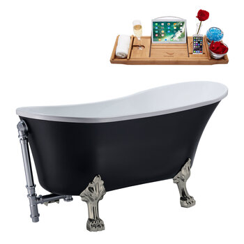Streamline N357 55'' Vintage Oval Soaking Clawfoot Bathtub, Black Exterior, White Interior, Nickel Clawfoot, Chrome External Drain, w/ Tray