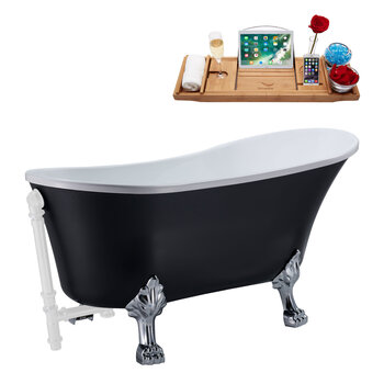 Streamline N357 55'' Vintage Oval Soaking Clawfoot Bathtub, Black Exterior, White Interior, Chrome Clawfoot, White External Drain, w/ Tray
