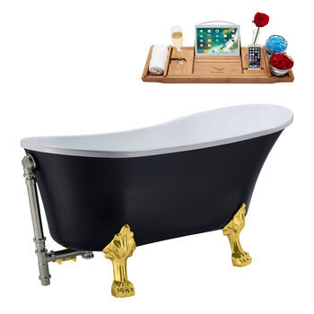 Streamline N357 55'' Vintage Oval Soaking Clawfoot Bathtub, Black Exterior, White Interior, Gold Clawfoot, Nickel External Drain, w/ Tray