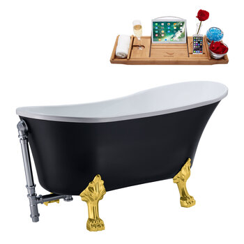 Streamline N357 55'' Vintage Oval Soaking Clawfoot Bathtub, Black Exterior, White Interior, Gold Clawfoot, Chrome External Drain, w/ Tray