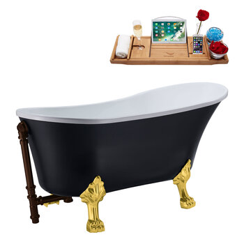 Streamline N357 55'' Vintage Oval Soaking Clawfoot Tub, Black Exterior, White Interior, Gold Clawfoot, Oil Rubbed Bronze External Drain, w/ Bamboo Tray