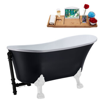 Streamline N357 55'' Vintage Oval Soaking Clawfoot Bathtub, Black Exterior, White Interior, White Clawfoot, Black External Drain, w/ Tray