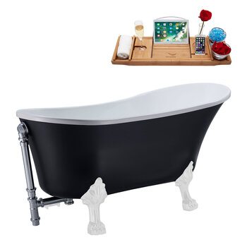 Streamline N357 55'' Vintage Oval Soaking Clawfoot Bathtub, Black Exterior, White Interior, White Clawfoot, Chrome External Drain, w/ Tray