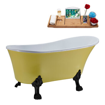 Streamline N358 55'' Vintage Oval Soaking Clawfoot Bathtub, Yellow Exterior, White Interior, Black Clawfoot, White Drain, with Bamboo Tray