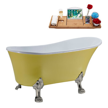 Streamline N358 55'' Vintage Oval Soaking Clawfoot Bathtub, Yellow Exterior, White Interior, Nickel Clawfoot, Chrome Drain, with Bamboo Tray