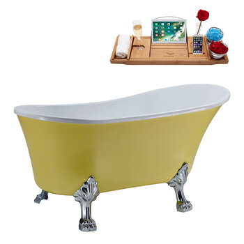 Streamline N358 55'' Vintage Oval Soaking Clawfoot Bathtub, Yellow Exterior, White Interior, Chrome Clawfoot, Black Drain, with Bamboo Tray