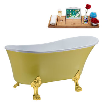 Streamline N358 55'' Vintage Oval Soaking Clawfoot Bathtub, Yellow Exterior, White Interior, Gold Clawfoot, White Drain, with Bamboo Tray