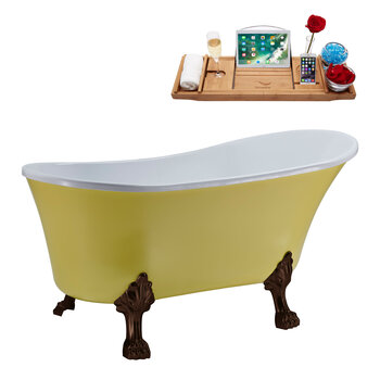 Streamline N358 55'' Vintage Oval Soaking Clawfoot Tub, Yellow Exterior, White Interior, Oil Rubbed Bronze Clawfoot, Chrome Drain, w/ Bamboo Tray